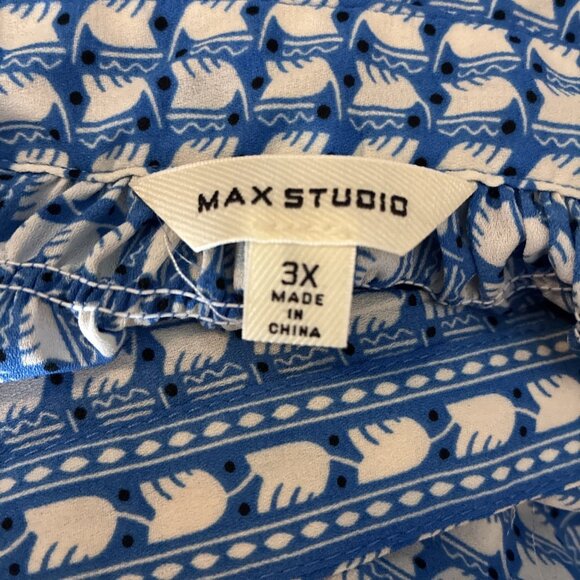 Max Studio Womens 3XL Blue White Geometric Print V Neck Short Sleeve Blouse - Picture 5 of 7